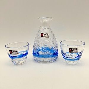 Ryukyu Glassware Handmade Sake Set with 2 Cups and Matching Server